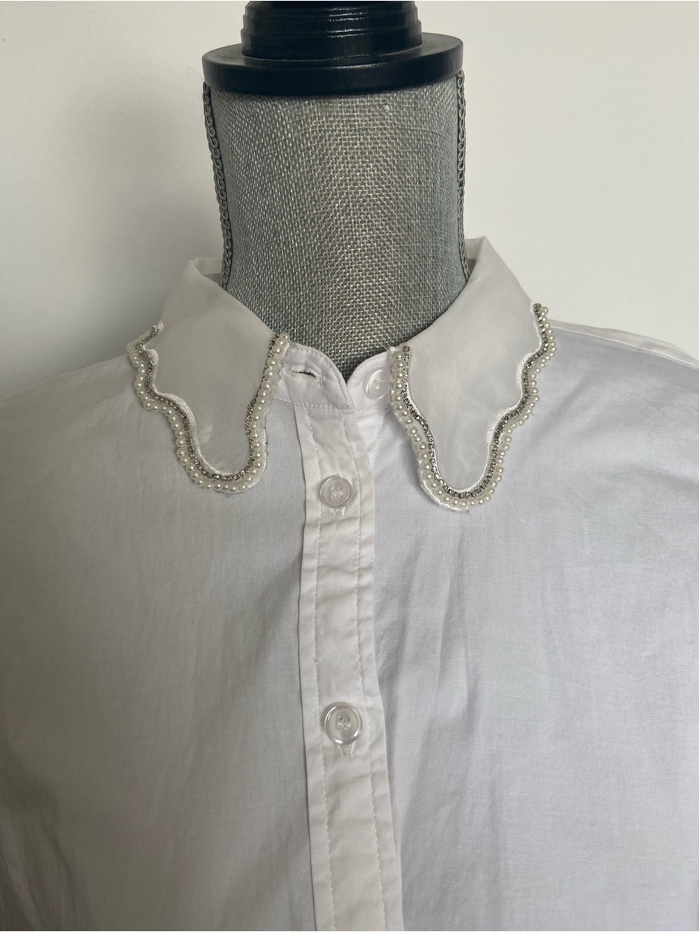 Jason Wu White Button-Up Shirt with Beaded Scallop Collar